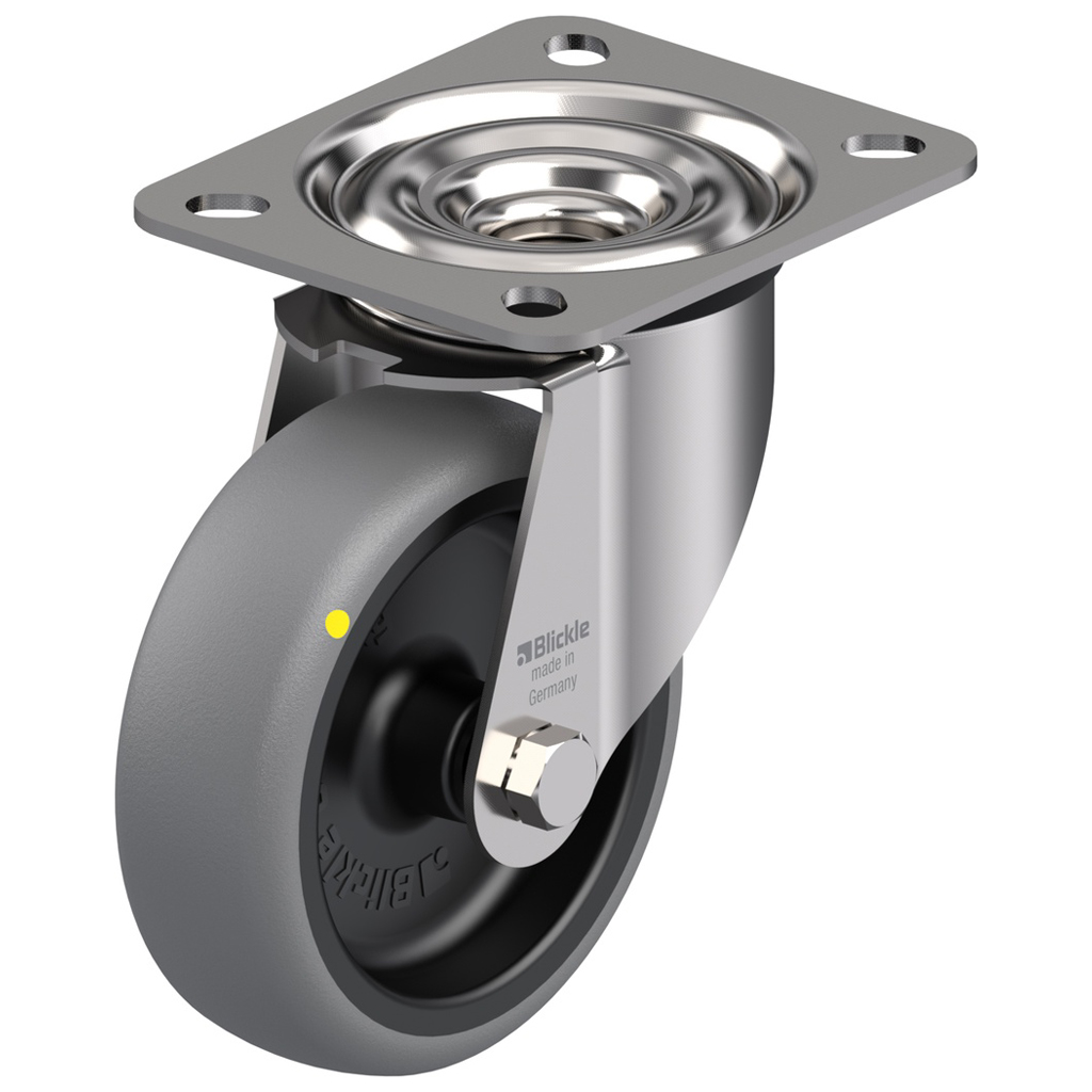 300SS series 100mm stainless steel swivel top plate 100x85mm castor with electrically conductive grey thermoplastic rubber on polypropylene centre plain bearing wheel 70kg