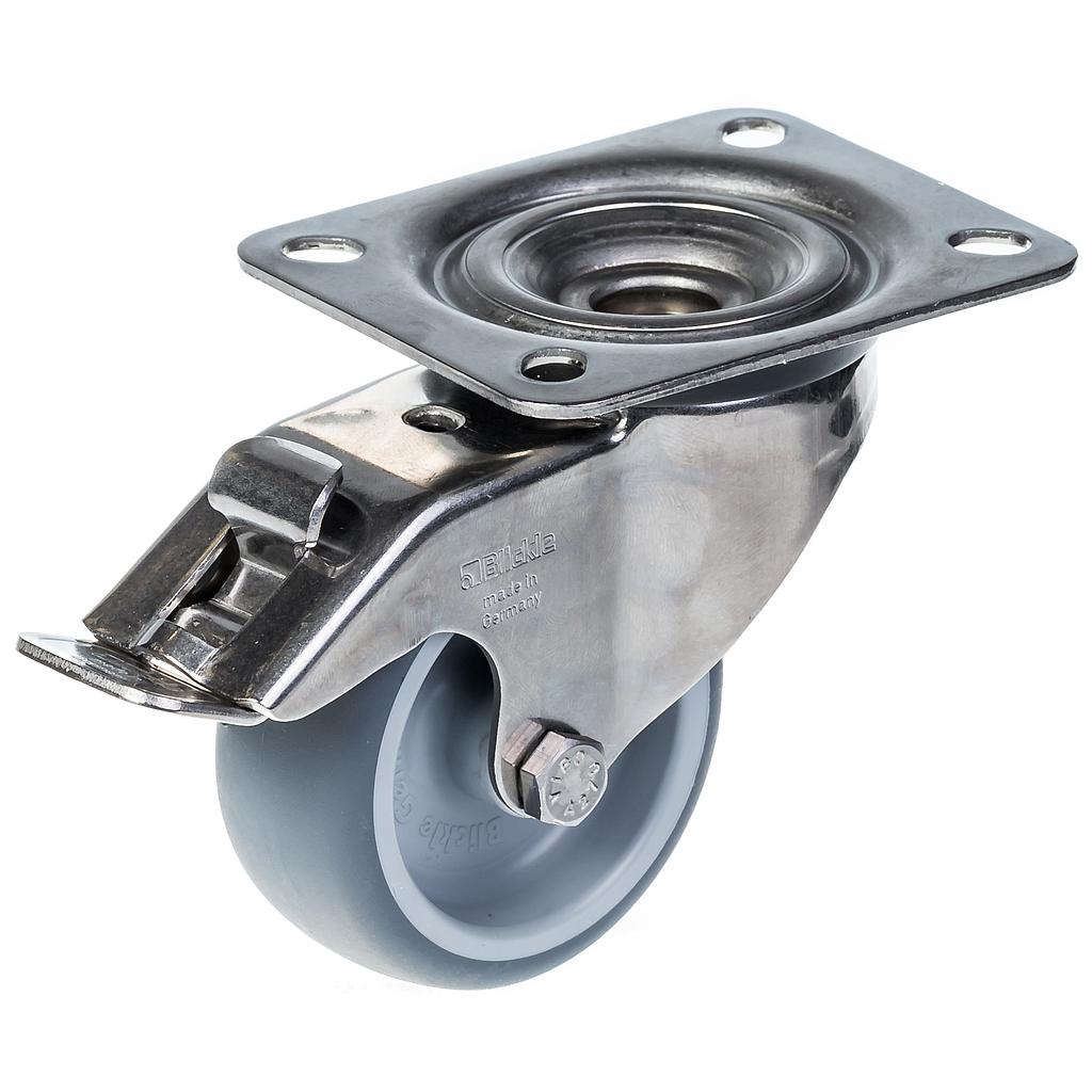 300SS series 80mm stainless steel swivel/brake top plate 100x85mm castor with grey thermoplastic rubber on polypropylene centre plain bearing wheel 100kg