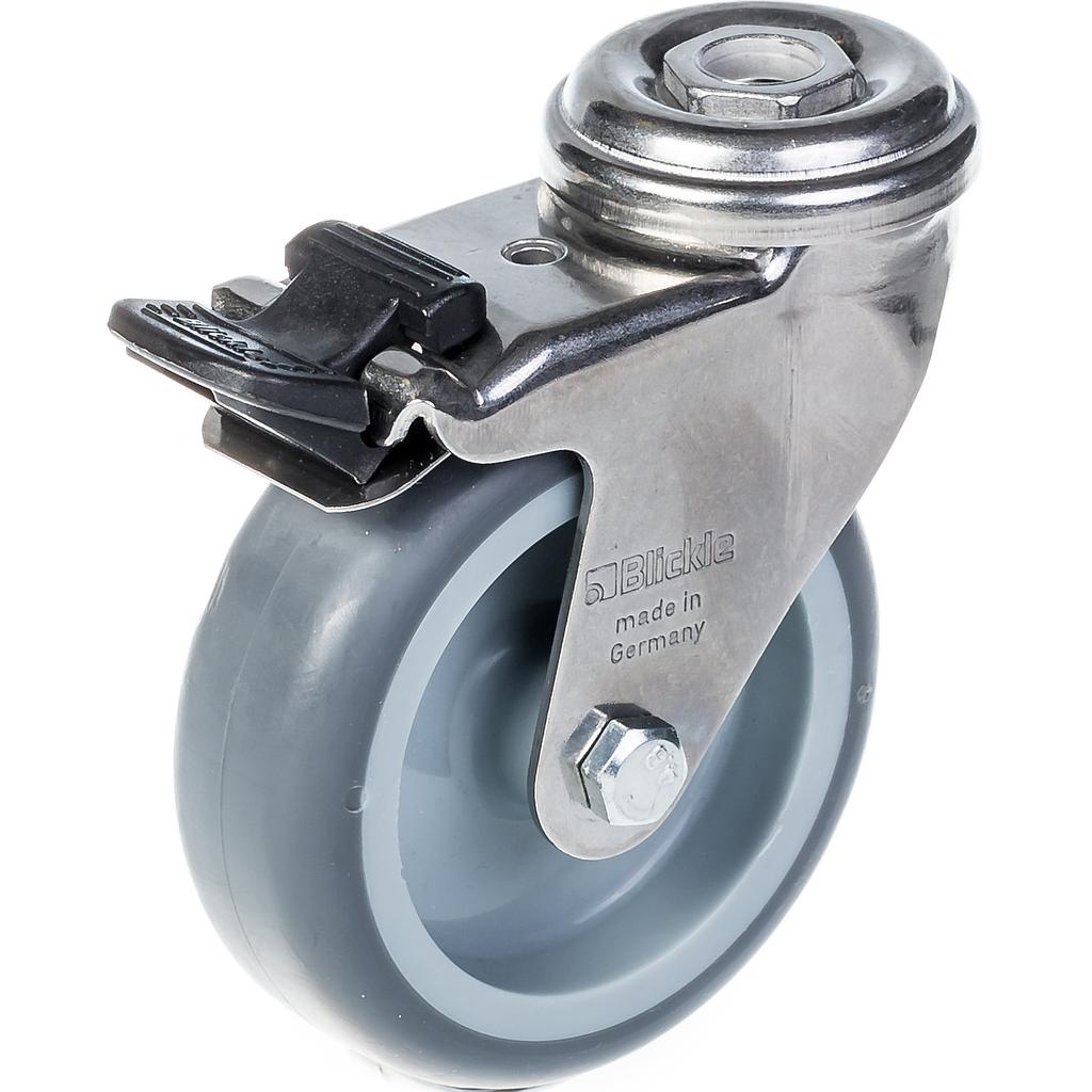 100SS series 75mm stainless steel swivel/brake bolt hole 10.5mm castor with grey thermoplastic rubber on polypropylene centre plain bearing wheel 60kg