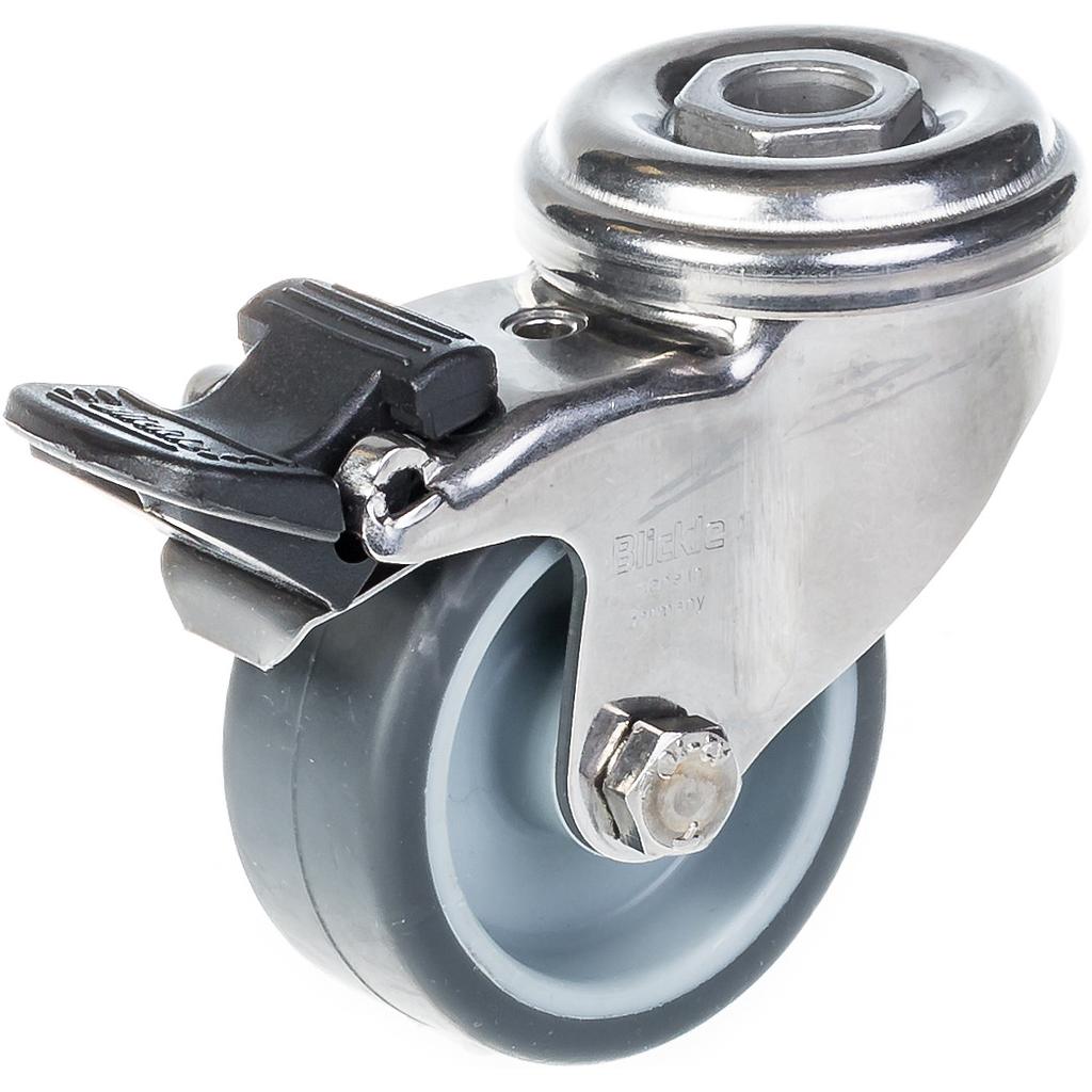 100SS series 50mm stainless steel swivel/brake bolt hole 11mm castor with grey thermoplastic rubber on polypropylene centre plain bearing wheel 40kg