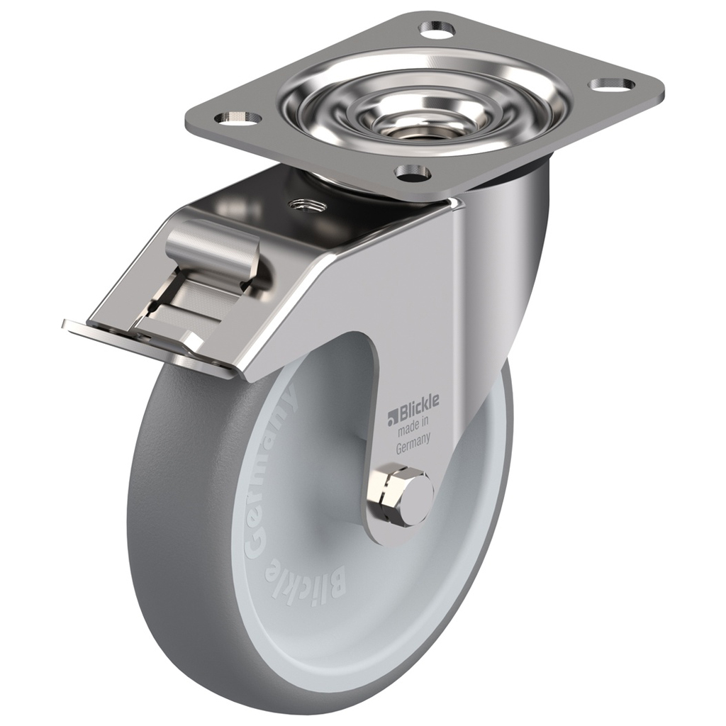 300SS series 125mm stainless steel swivel/brake top plate 100x85mm castor with grey thermoplastic rubber on polypropylene centre plain bearing wheel 125kg