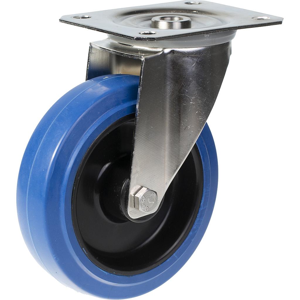 300SS series 125mm stainless steel swivel top plate 100x85mm castor with blue elastic rubber on nylon centre stainless steel roller bearing wheel 150kg 