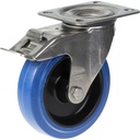 300SS series 125mm stainless steel swivel/brake top plate 100x85mm castor with blue elastic rubber on nylon centre stainless steel roller bearing wheel 150kg