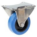 300SS series 80mm stainless steel fixed top plate 98x84mm castor with blue elastic rubber on nylon centre plain bearing wheel 140kg