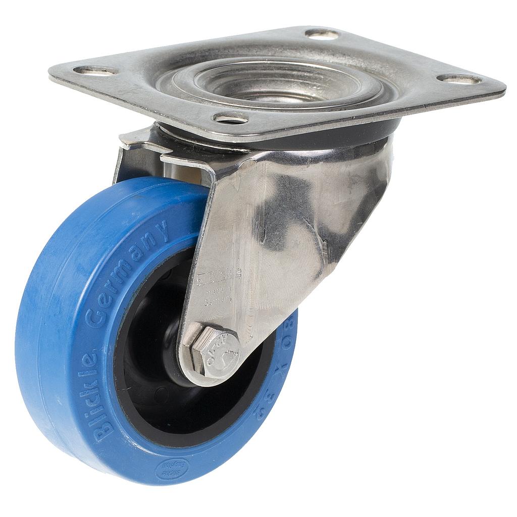 300SS series 80mm stainless steel swivel top plate 100x85mm castor with blue elastic rubber on nylon centre plain bearing wheel 140kg