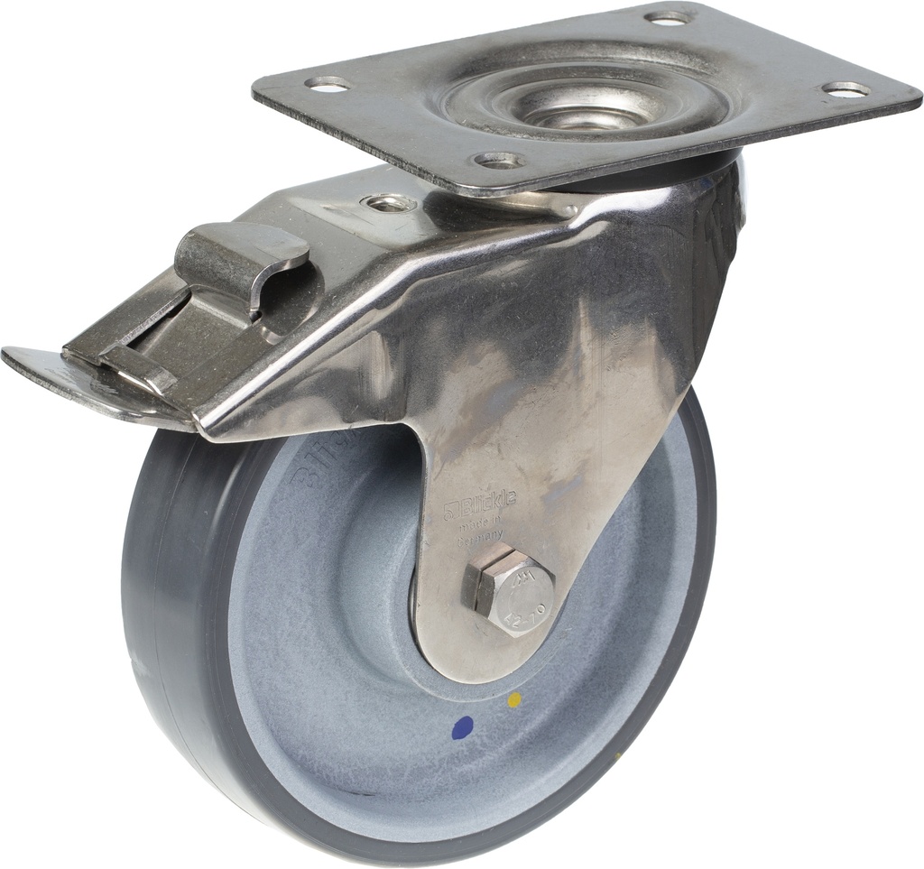 300SS series 160mm stainless steel swivel/brake top plate 140x110mm castor with POTH electrically conductive grey polyurethane on nylon centre stainless steel ball bearing wheel 300kg