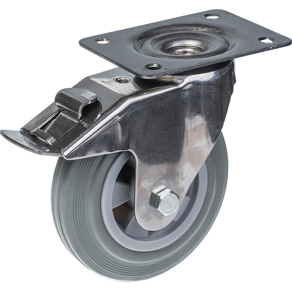 300SS series 160mm stainless steel swivel/brake top plate 140x110mm castor with grey rubber on polypropylene centre plain bearing wheel 135kg