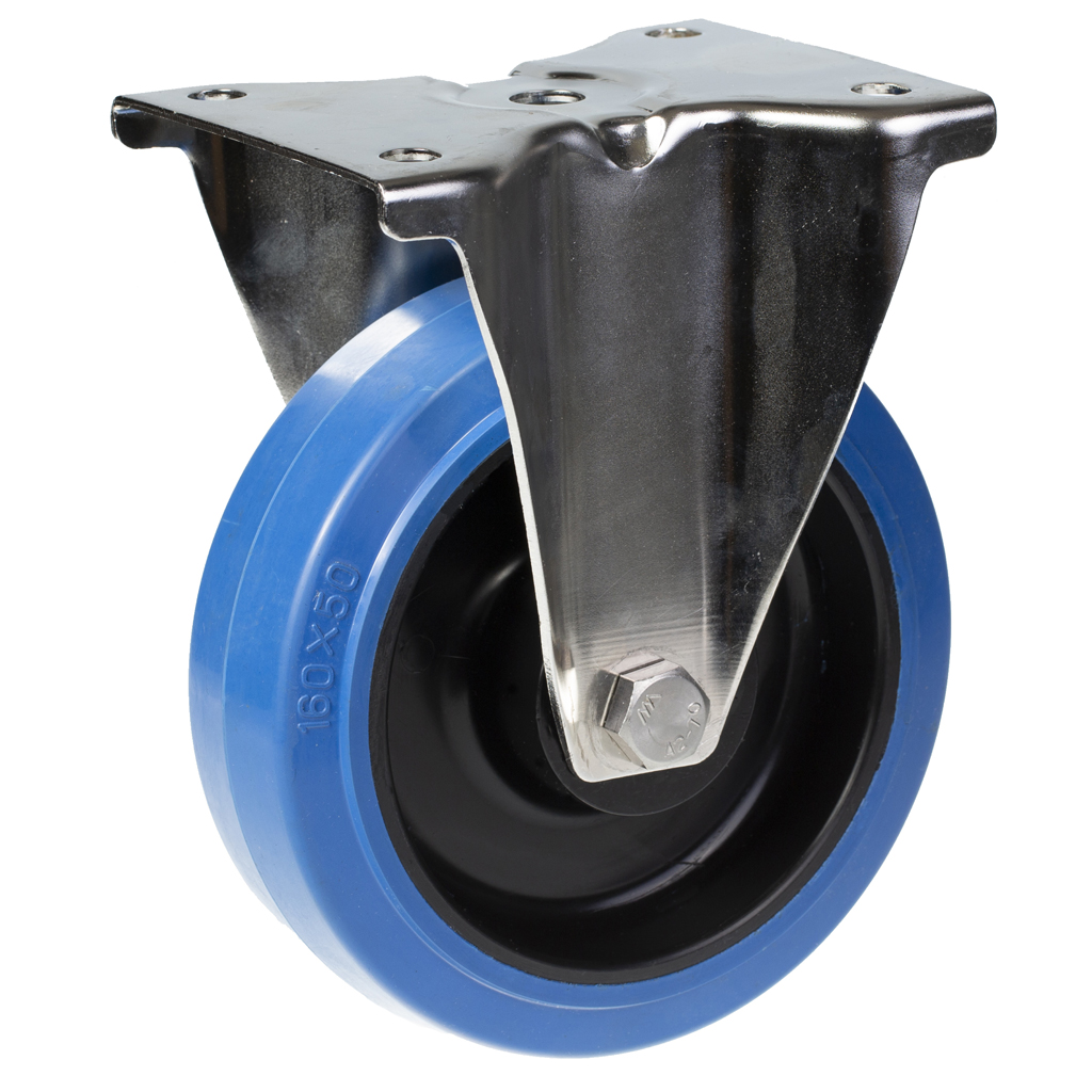 300SS series 160mm stainless steel fixed top plate 138x116mm castor with blue elastic rubber on nylon centre stainless steel roller bearing wheel 300kg