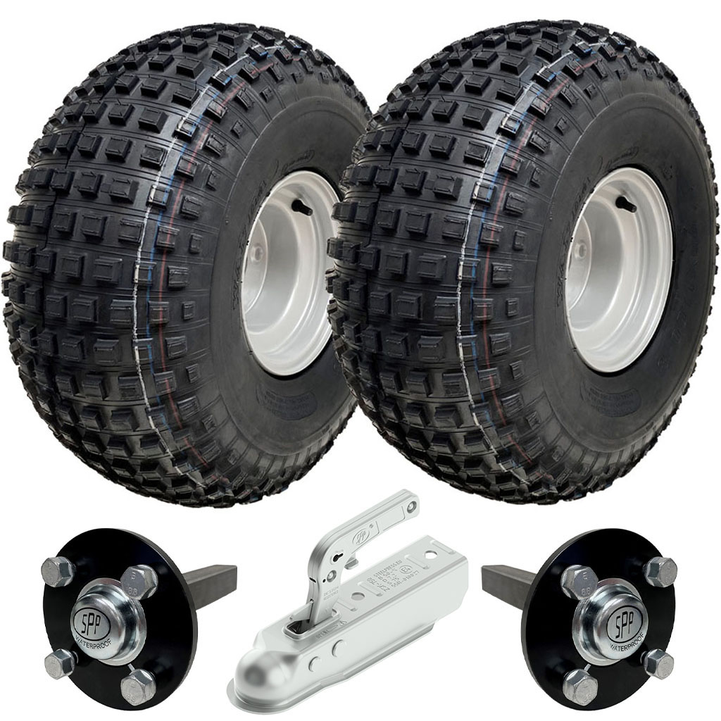 ATV Trailer Kit, 22x11.00-8 4pr P323 Knobby tyre, Hub/stub axle 40x40mm, pressed hitch, 310kg load capacity