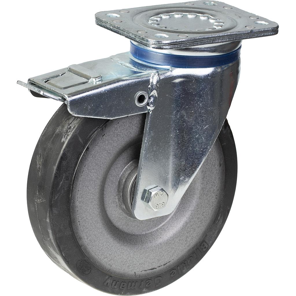 800 series 200mm swivel/brake top plate 135x110mm castor with black elastic rubber on welded steel centre ball bearing wheel 600kg