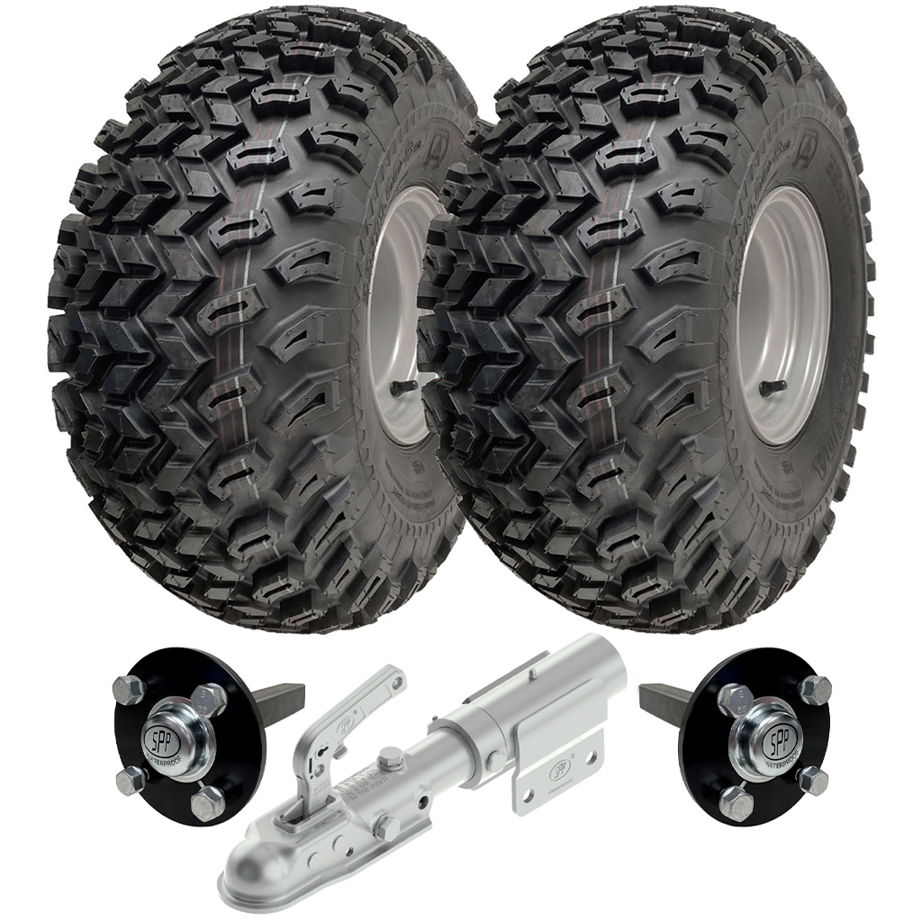 Set of 2 -22x11.00-8 4ply P334 UTILITY on 4/100 RIM & Hub & Stub axle 4/100 M12stud 40x40 High speed (waterproof) with SPP Swivel hitch 1700kg (off-road use)