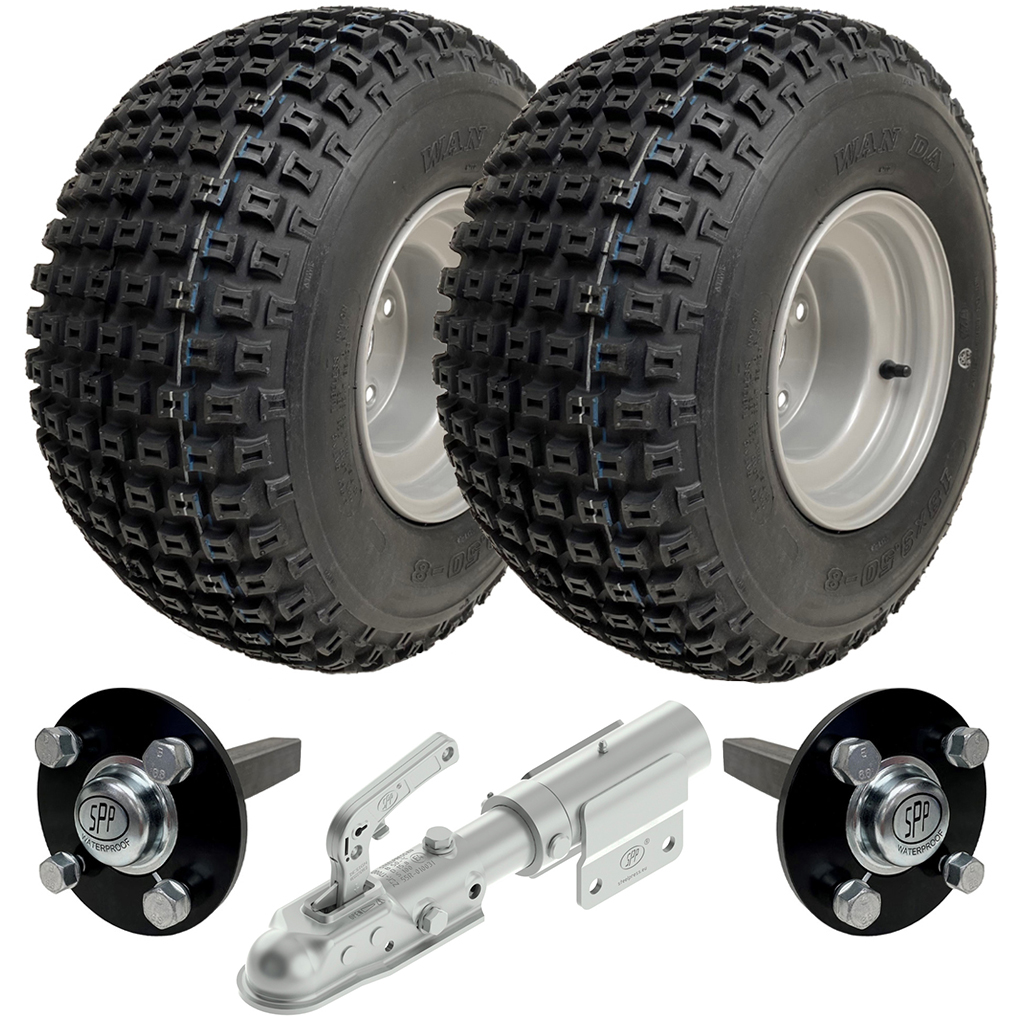 Set of 2 - 18x9.50-8 4ply P322 KNOBBY WHEEL 4/100 & Hub & Stub axle 4/100 M12 wheel bolt  35x35mm Hi speed with a SPP Swivel hitch 1700kg (off-road use)