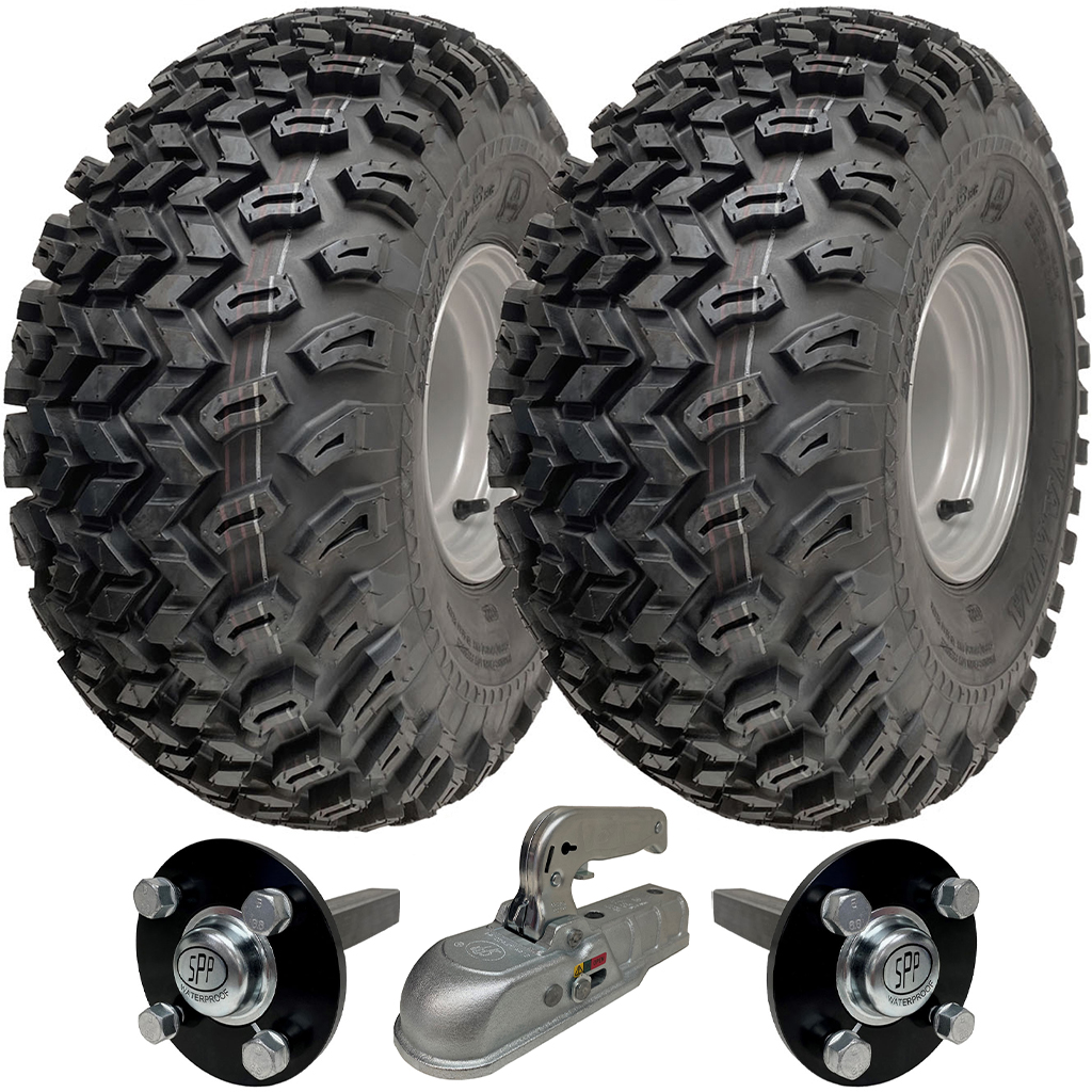 Set of 2 - 22x11.00-8 4ply P334 UTILITY on 4/100 RIM & Hub & Stub axle 4/100 M12stud  40x40 High speed (waterproof) with a SPP 3000kg cast coupling