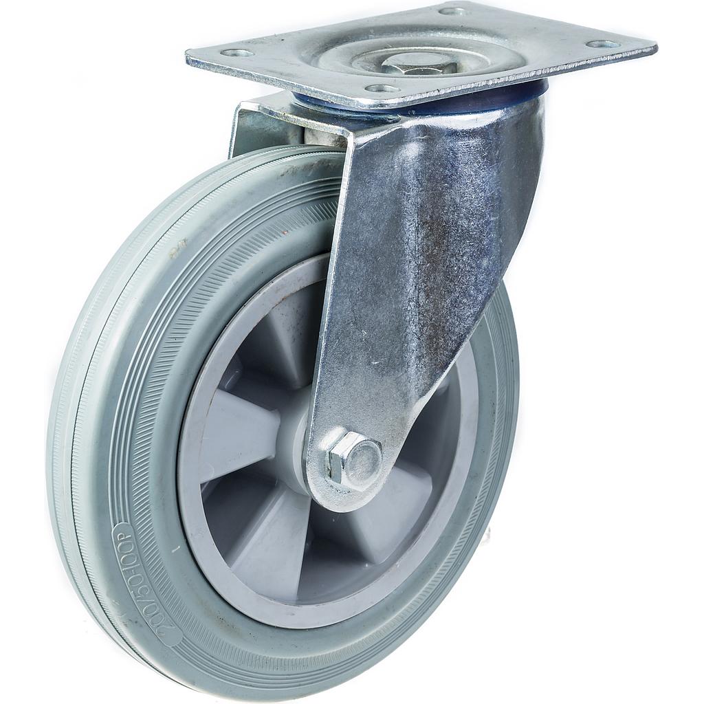 300 series 200mm swivel top plate 140x110mm castor with grey rubber on polypropylene centre plain bearing wheel 205kg