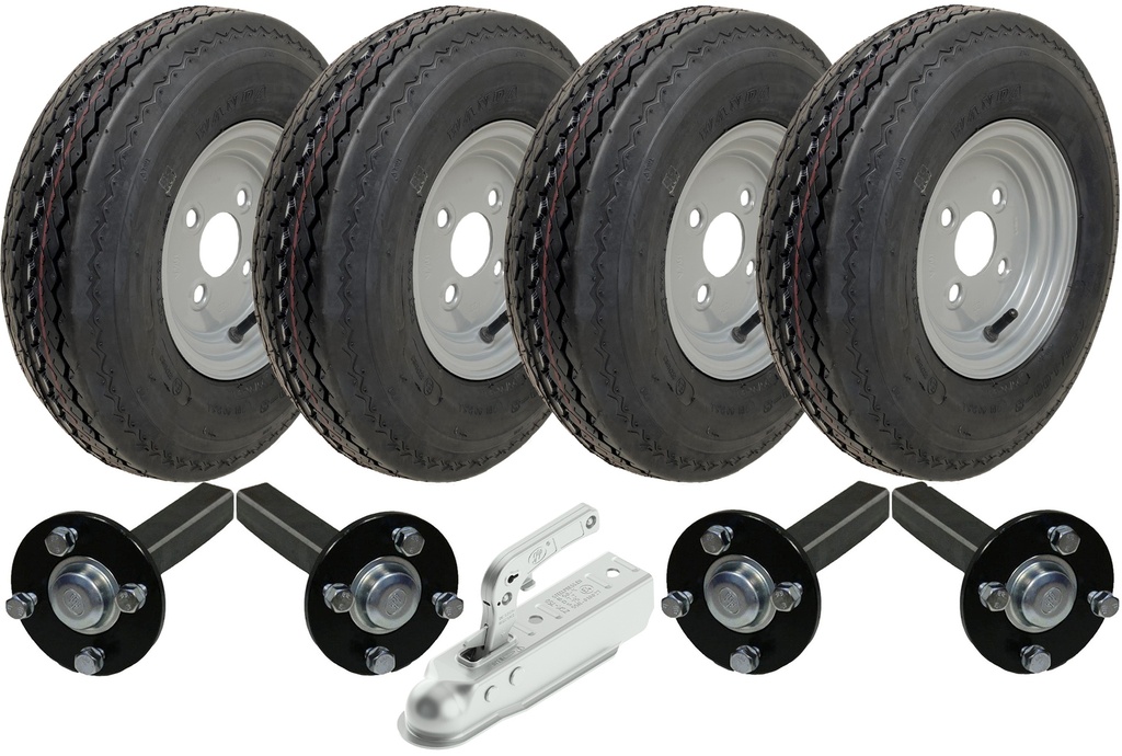 Set of 4 - 4.00-8 6ply P811Trailer Wheel 4/100mm & Hub & Stub axle 4/100 M12 wheel bolt  35x35mm Hi speed & SPP 750kg Pressed Hitch