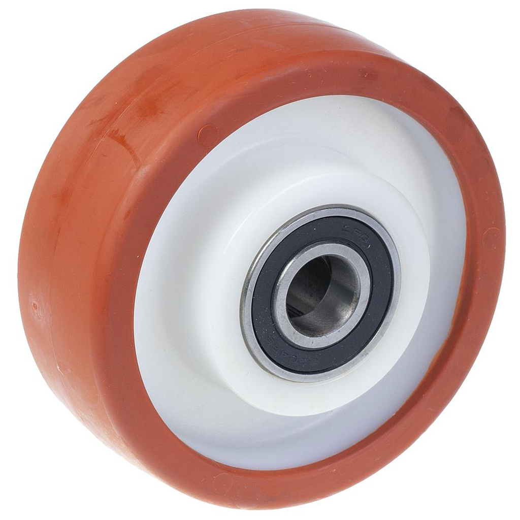 Wheel series 125mm RED/BROWN polyurethane on nylon centre 20mm bore hub length 58mm ball bearing 500kg