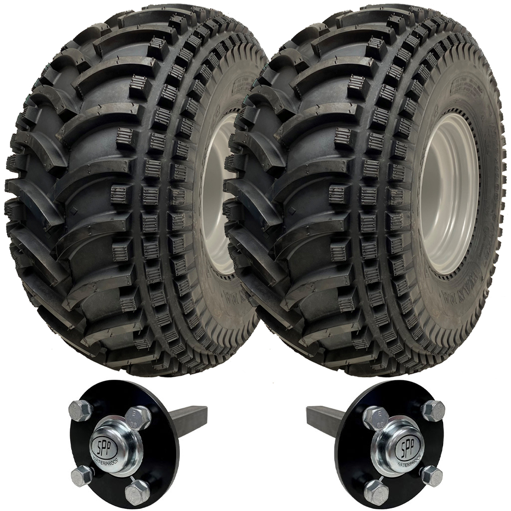 Kit of 2 - 22x11.00-8 P308 ATV tyre on 4/100mm Rim & Hub & Stub axle 4/100 M12 wheel bolt 35x35mm Hi speed