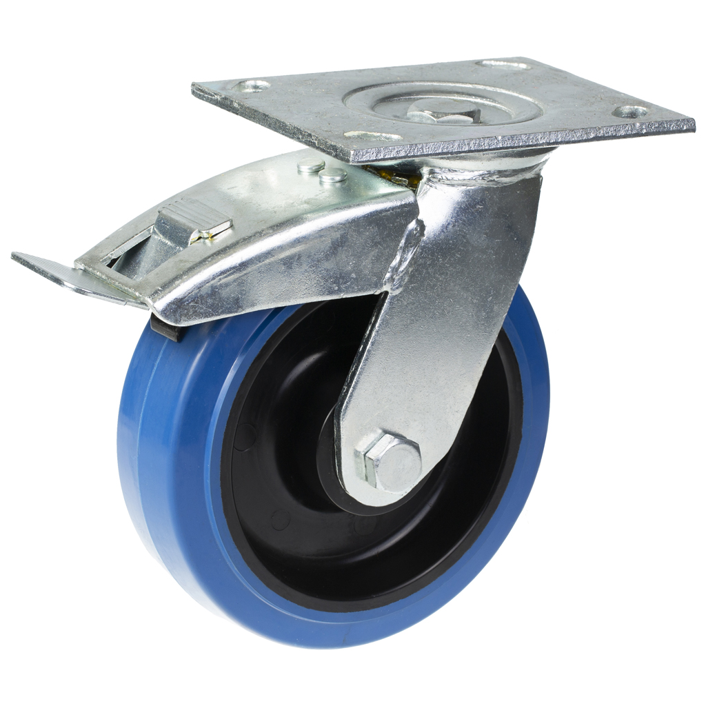 500 series 160mm swivel/brake top plate 140x110mm castor with blue elastic rubber on nylon centre ball bearing wheel 350kg