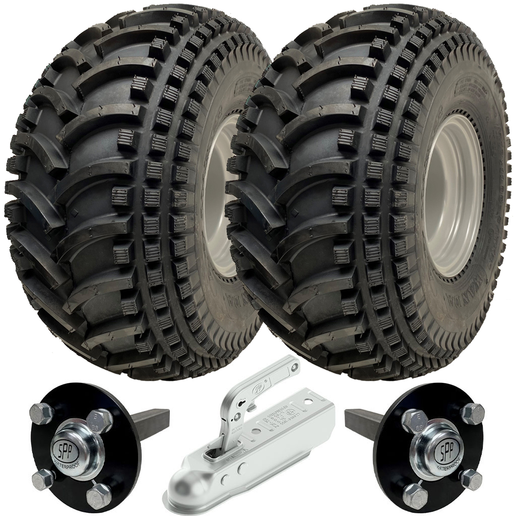 Kit of 2 - 22x11.00-8 P308 ATV tyre on 4/100mm Rim & Hub & Stub axle 4/100 M12 wheel bolt 35x35mm hub & stub & 750kg Pressed hitch