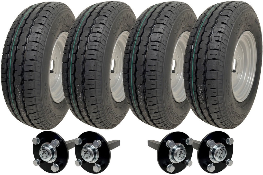 Set of 4 - 145x10 Wanda WR068 TRAILER WHEEL 4/100mm & Hub & Stub axle 4/100 M12 wheel bolt  35x35mm Hi speed