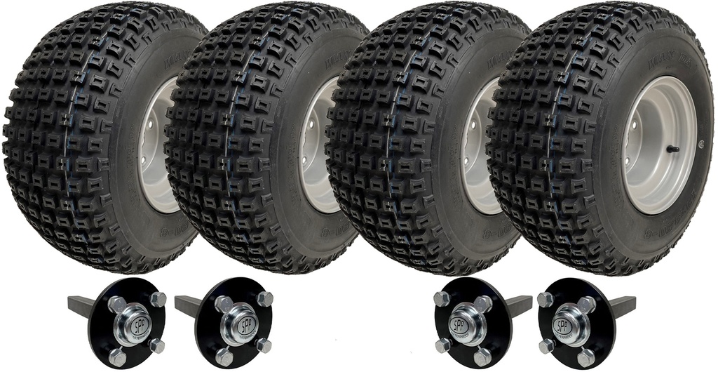 Set of 4 - 18x9.50-8 4ply P322 KNOBBY WHEEL 4/100 & Hub & Stub axle 4/100 M12 wheel bolt  35x35mm Hi speed