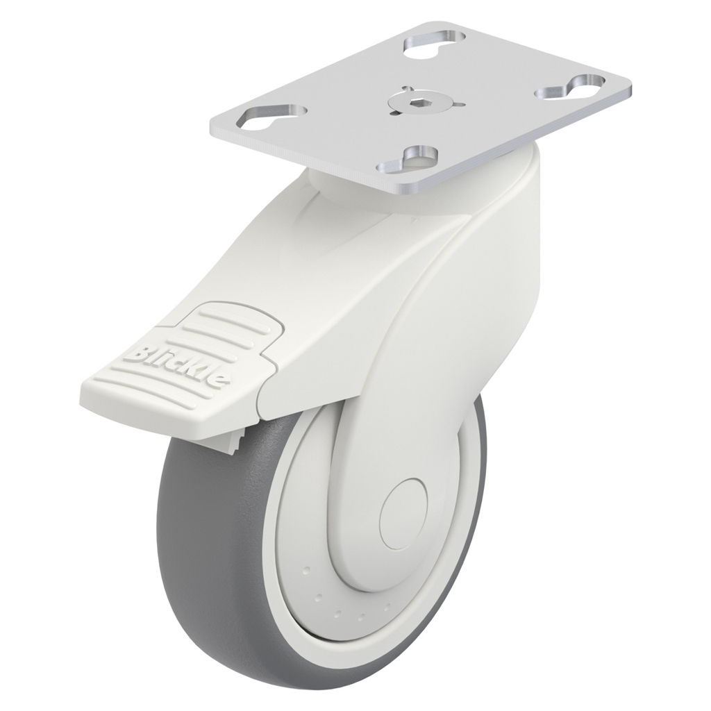 Plastic castor series 100mm swivel/brake top plate 90x66mm castor with grey thermoplastic rubber on polypropylene centre single ball bearing wheel 100kg