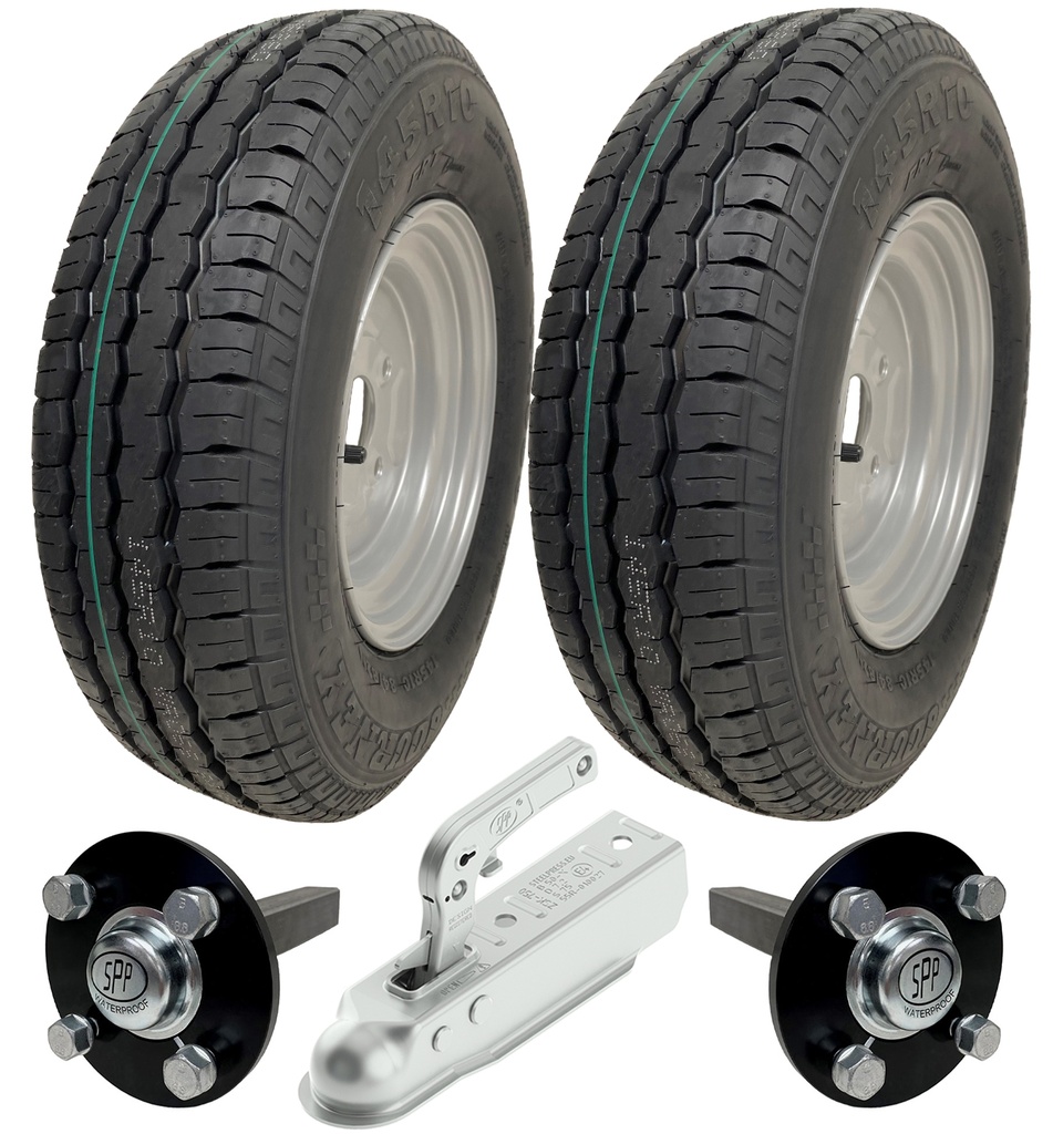 Set of 2 - 145x10 Wanda WR068 TRAILER WHEEL 4/100mm & Hub & Stub axle 4/100 M12 wheel bolt 35x35mm Hi speed & SPP 750kg Pressed hitch