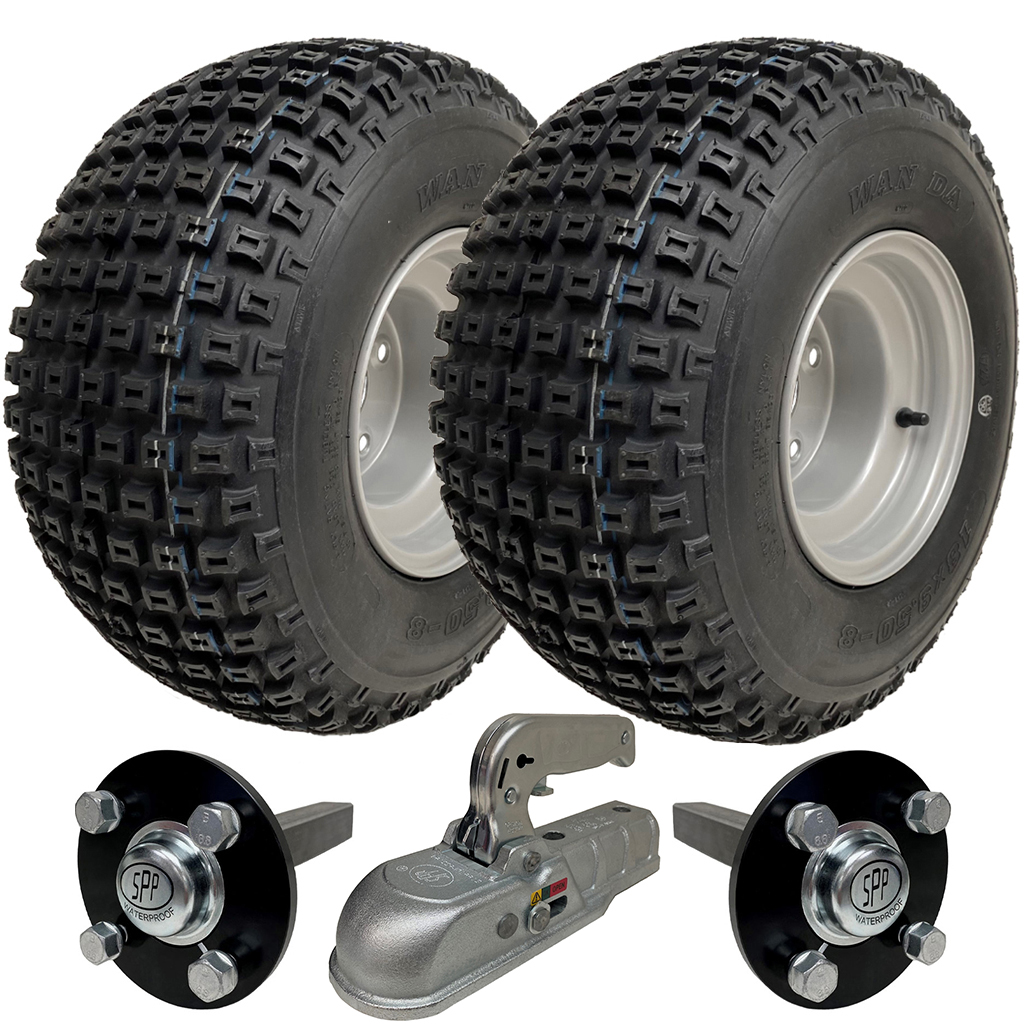 ATV Trailer Kit, 18x9.50-8 4pr P322 Knobby tyre, Hub/stub axle 35x35mm, cast hitch, 204kg load capacity