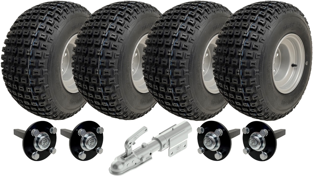 Set of 4 - 18x9.50-8 4ply P322 KNOBBY WHEEL 4/100 & Hub & Stub axle 4/100 M12 wheel bolt  35x35mm & swivel hitch