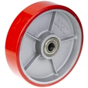 Wheel series 200mm RED polyurethane on cast iron centre 20mm bore hub length 51mm ball bearing 750kg